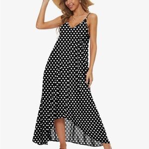 Polka Dot High-Low Spaghetti Strap Maxi Dress - Black & White